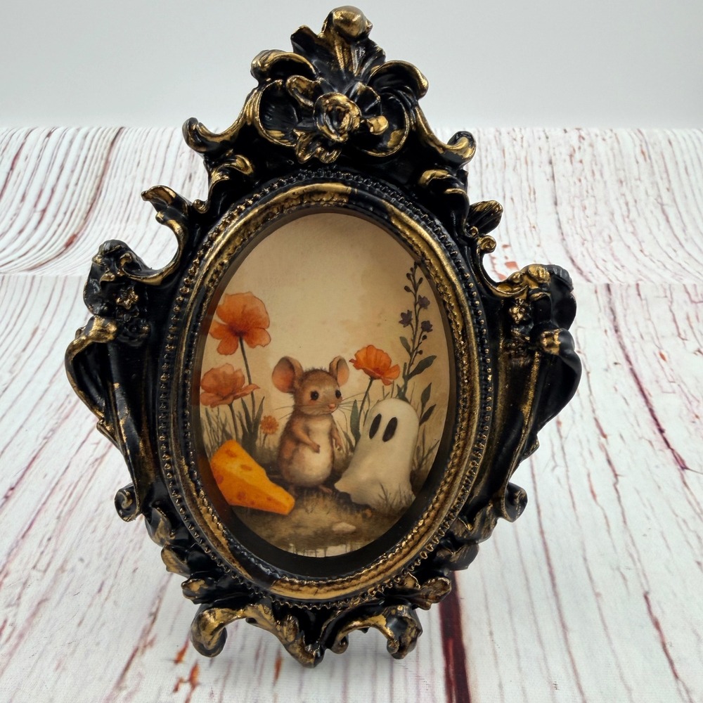 Handcrafted Mouse and Ghost Decoupage Art Ornate Black Gold Resin Frame